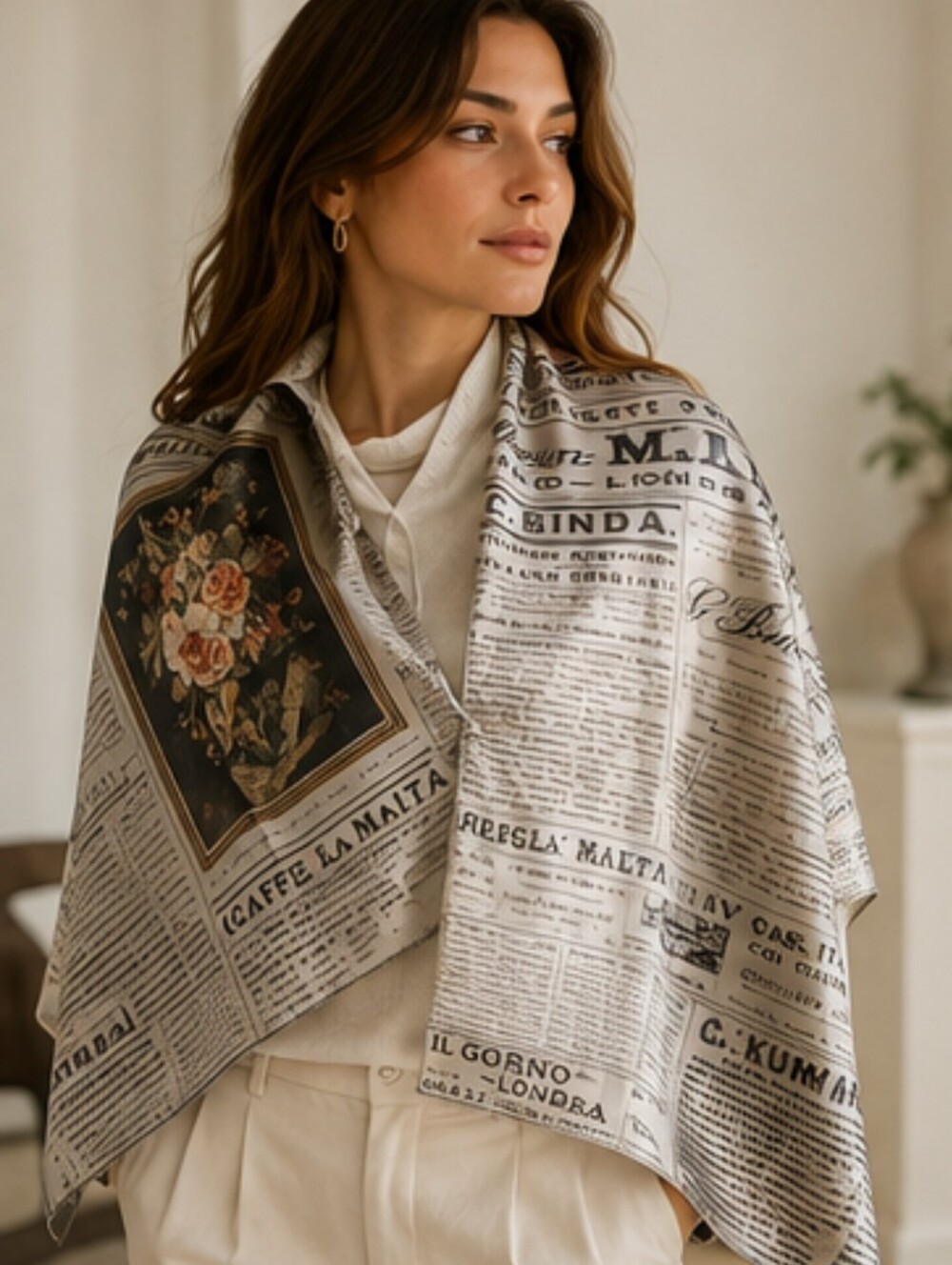 NEW 35" Oversized Square French Newsprint & Floral Pattern Fashion Scarf